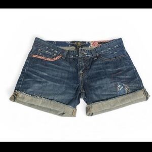 Lucky Brand Legend Riley Cuffed Denim Shorts Boho Embroidered  Sz 8/29 Low Rise